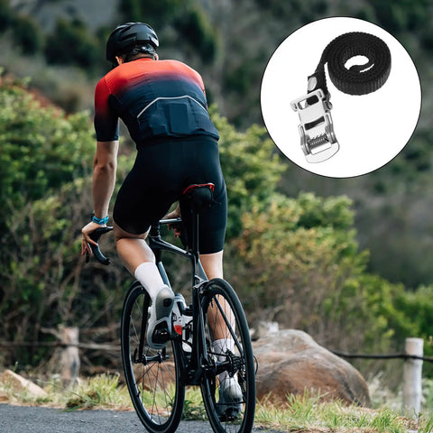 Cyclist outdoors; inset shows 2 Pair Bike Pedal Straps For Universal Replacement Foot Pedal Straps With Toe Clips For Outdoor Cycling.