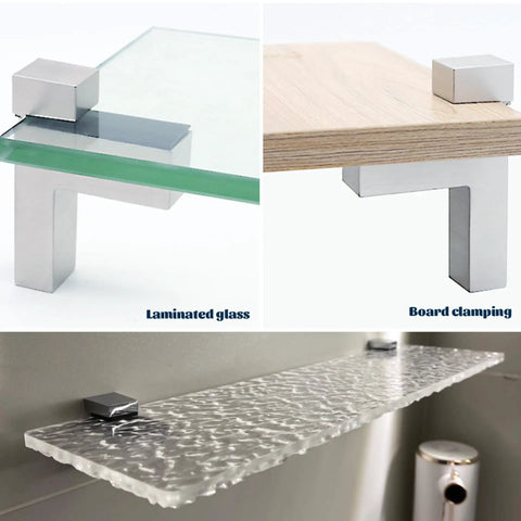 Set Of 4 F Shaped Glass Shelf Brackets Adjustable Zinc Alloy Wall Mounts supporting glass and wood shelves in modern setup