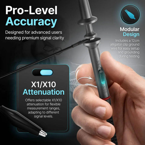 Oscilloscope Probes Pack Of 2 For 200MHz Bandwidth With X1 And X10 Attenuation, showing modular design and pro-level accuracy.