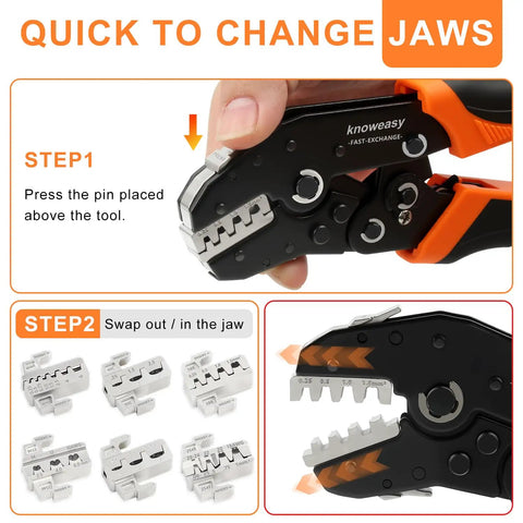 Crimping Tool Set With 2210H Heat Shrink Crimping Tool And 7 Quick Exchange Jaws showing tool adjustment steps