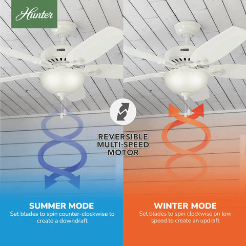 52 Inch White Indoor Ceiling Fan With LED Light And Pull Chain in summer and winter modes with reversible motor