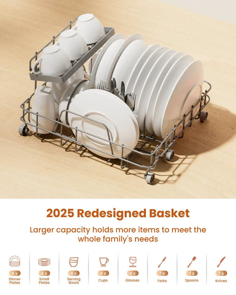 Compact Countertop Dishwasher With Built In Water Softener And Smart Eco Mode For Zero Hassle Cleaning and spotless dishes in redesigned basket.
