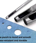 Close-up of 15 Piece Leather Hole Punch Set Round Hollow Punch Kit on blue material showing clean, round holes.