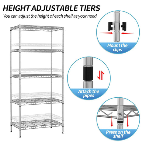 Heavy Duty Five Tier Wire Shelving Unit Rock Solid Chrome Metal Storage Rack With Quick Adjustable Levels Zero Fuss Assembly For Kitchen Garage Pantry Bathroom