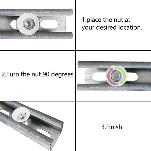 20 Pack Heavy Duty 3/8-16 Strut Channel Cone Nuts and Twirl Fasteners for Unistrut Channels installation steps on channel.
