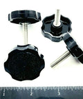 Rock Solid Quarter Inch Twenty Eight Fine Thread Clamping Thumb Screws With Slick Black Knurled Grip And Hex Head Made From Hella Tough 304 Stainless Steel For Zero Hassle Quick Adjust No Wrench Needed Everyday Use Four Pack Hardware, showing four thumb screws with black knurled grips.