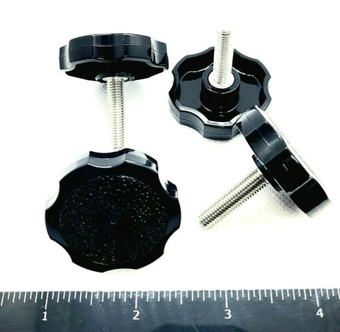 Rock Solid Quarter Inch Twenty Eight Fine Thread Clamping Thumb Screws With Slick Black Knurled Grip And Hex Head Made From Hella Tough 304 Stainless Steel For Zero Hassle Quick Adjust No Wrench Needed Everyday Use Four Pack Hardware, showing four thumb screws with black knurled grips.