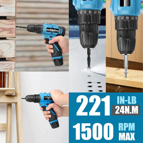 Person using 12V Cordless Drill Kit With LED Light, 146 Piece Do It All Home Tool Set for DIYers, drilling into wood and metal