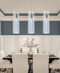 Dining room with three pack modern pendant lights in satin nickel with 24W LED bulbs 6000K bubble glass dome chandelier