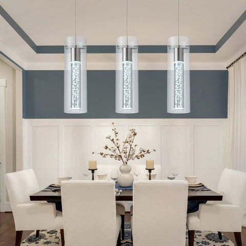 Dining room with three pack modern pendant lights in satin nickel with 24W LED bulbs 6000K bubble glass dome chandelier