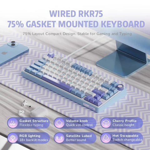 Custom 75 Percent Wired Mechanical Keyboard Featuring Gasket Mount Design Hot Swap Switches And PreLubed Linear Keys with RGB lighting and volume knob.
