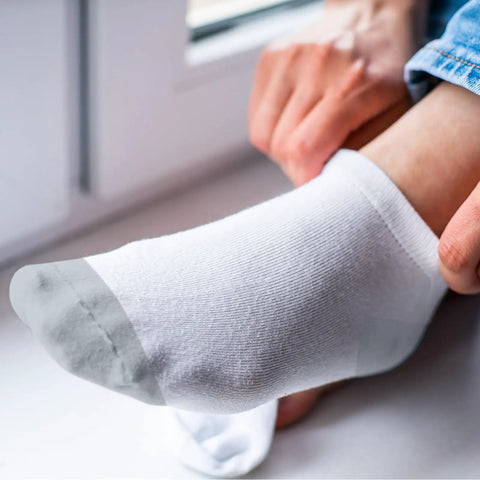 Fifteen Pairs White Sublimation Socks Blanks Made From Polyester For Easy Heat Transfer Crafting Includes Two Metal Sock Jig Inserts In Three Sizes With Gray Sole For DIY Custom Socks worn on foot