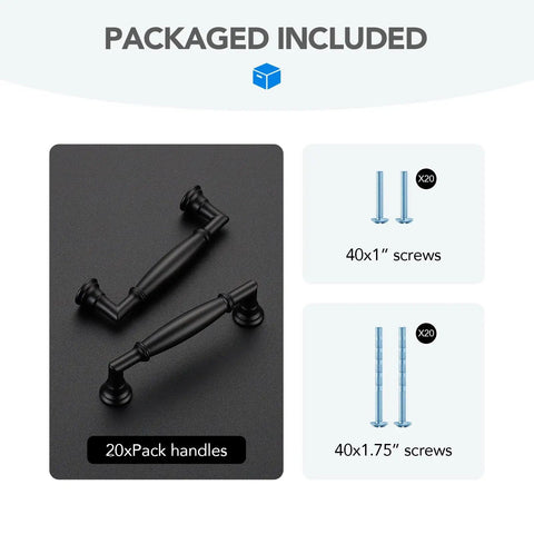 Matte Black Cabinet Handles 3 Inch Pulls 20 Pack Heavy Duty Zinc Alloy Kitchen Drawer Knobs with screws included.