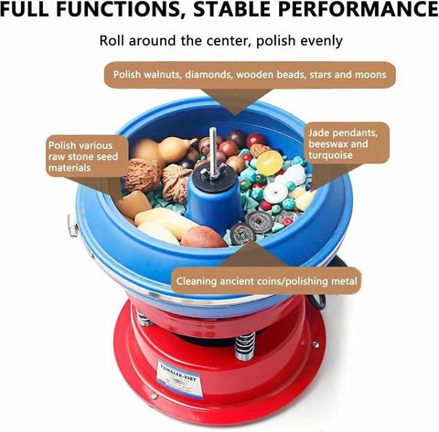 Get That Butter Smooth Finish With This 3.5 Liter Benchtop Vibratory Tumbler Polisher showing various polished materials and components.