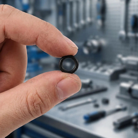 Person holding an O-ring from the 20-Piece Hydraulic Jack O-Ring Kit Rubber Seals For Bottle Jacks And Floor Jacks 0.7 Inch OD 0.5 Inch Lift
