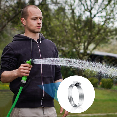Man using hose outdoors with Adjustable Stainless Steel Hose Clamps Kit, 25 Pieces, Range 1/4 to 2 Inches inset image.