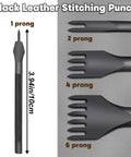 Black leather stitching punch kit with four 4mm hole punch tools prong set 1 2 4 6 shown in close-up.
