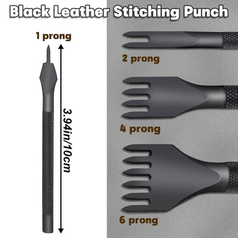 Black leather stitching punch kit with four 4mm hole punch tools prong set 1 2 4 6 shown in close-up.