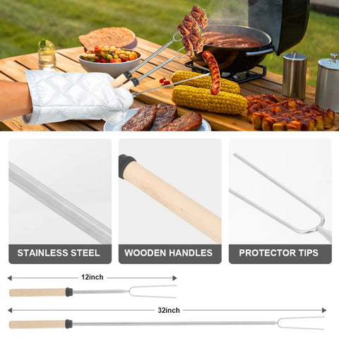 Camping Utensils Set With Storage Bag Portable Stainless Steel Cookware Gear For Outdoor Cooking Car Travel And RV Trips Includes Spatula Tongs Ladle Brush Peeler Meat Fork Skewers And Roasting Forks on grill.