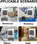 Portable Evaporative Air Cooler With Oscillating Louvers And Boosted Airflow Lightweight Whisper Quiet Mist Fan in warehouse setting.