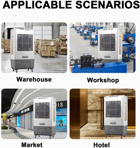 Portable Evaporative Air Cooler With Oscillating Louvers And Boosted Airflow Lightweight Whisper Quiet Mist Fan in warehouse setting.