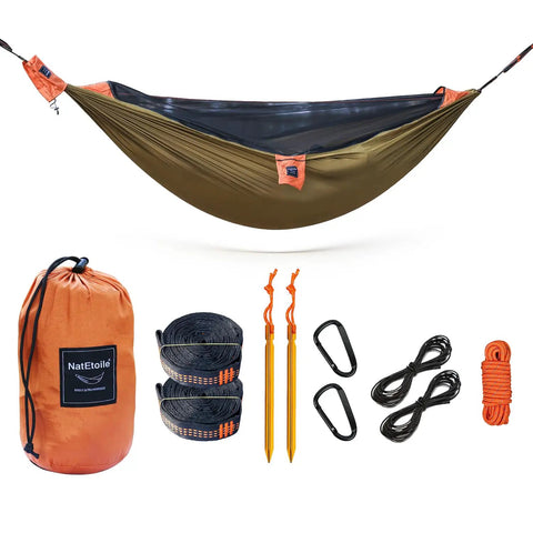 Ultralight Camping Hammock With Integrated Mosquito Net And Tree Straps Quick Setup Backpacking Hammock In Olive Green And Orange