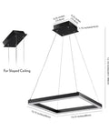 Black 15.75 Inch Modern Square Integrated LED Pendant Light Fixture, dimensions detailed, for sloped ceiling installation.