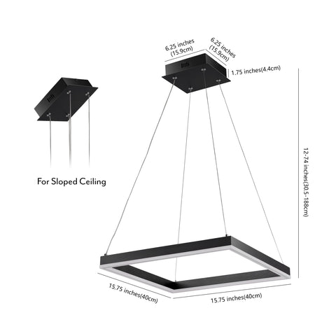 Black 15.75 Inch Modern Square Integrated LED Pendant Light Fixture, dimensions detailed, for sloped ceiling installation.