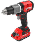 V20 Cordless Hammer Drill Kit with a half inch chuck, brushless motor, visible side view with LED work light and grip handle.