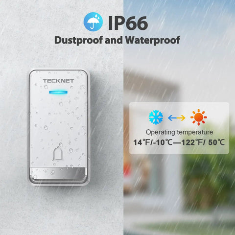 Plug In Wireless Doorbell Kit With Extra Socket, IP66 Waterproof, 1300ft Range, 60 Chimes, Adjustable 0 To 110 dB Volume, LED Indicator Light, Self Powered Doorbell For Home And Classroom
