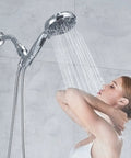 Woman using Five Spray Modes Rain Shower Head System With Single Handle Tub And Shower Trim Kit Adjustable Slide Bar Chrome Finish 2.0 GPM Flow Easy Temperature Control Modern Bathroom Shower Upgrade in shower