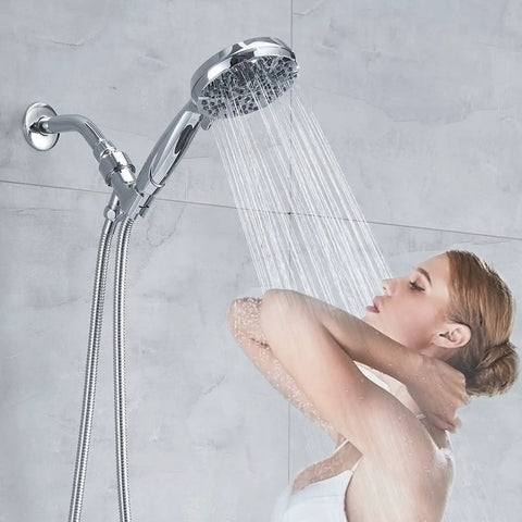 Woman using Five Spray Modes Rain Shower Head System With Single Handle Tub And Shower Trim Kit Adjustable Slide Bar Chrome Finish 2.0 GPM Flow Easy Temperature Control Modern Bathroom Shower Upgrade in shower