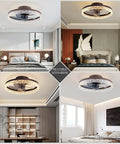 Bladeless Ceiling Fan With Lights 20 Inch Remote Control Reversible Motor 6 Speed Settings 3 Color Temperature Options Semi Flush Low Profile Mount 30W Dope Gold Finish For Living Room And Bedroom displayed in modern interiors.