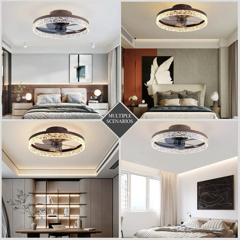 Bladeless Ceiling Fan With Lights 20 Inch Remote Control Reversible Motor 6 Speed Settings 3 Color Temperature Options Semi Flush Low Profile Mount 30W Dope Gold Finish For Living Room And Bedroom displayed in modern interiors.