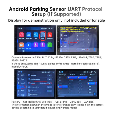 Android Parking Sensor UART Protocol setup display with navigation screens, not included for sale.