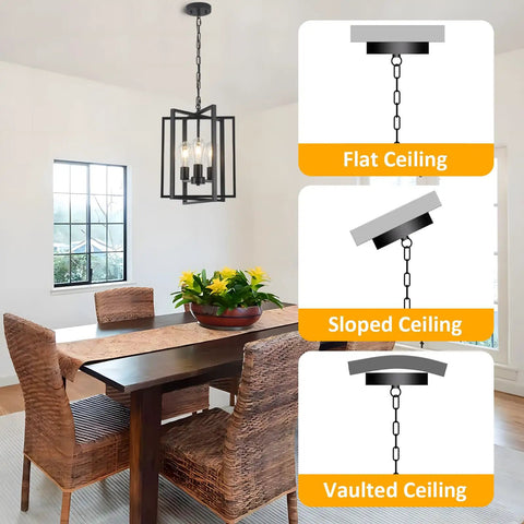 Straight Up Matte Black 3 Light Farmhouse Chandelier With Adjustable Height And Solid Metal Cage Build in dining area with various ceiling options.