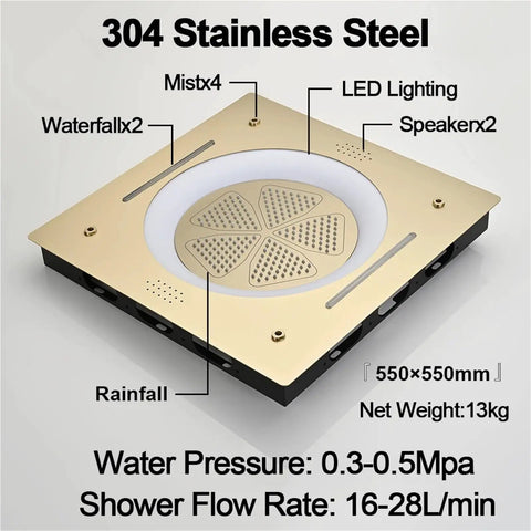 Premium Smart Led Lighting Shower System With Thermostatic Diverter Large Rainfall Ceiling Head Bluetooth Speaker Touch Phone Remote Brushed Gold Set For Chill Home Spa Vibes showing 550mm stainless steel shower head with LED lighting and speakers.