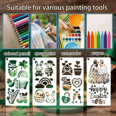Image of Spring Season Reusable Art Stencils For Painting 12 Piece Collection Featuring Heart Clover And Rabbit Motifs for various tools.