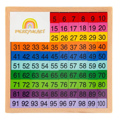 Colorful number grid on Wooden Math Learning Board Toy For Kids, Montessori 1 To 100 Hundred Chart, with natural wood frame.