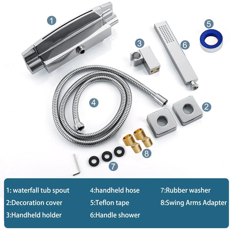 Polished Chrome Waterfall Bathtub Faucet With Wall Mount Dual Handle Brass Tub Spout Slick Handheld Shower Spray 59 Inch Hose Hot Cold Water Mixer For Modern Bathrooms product components.