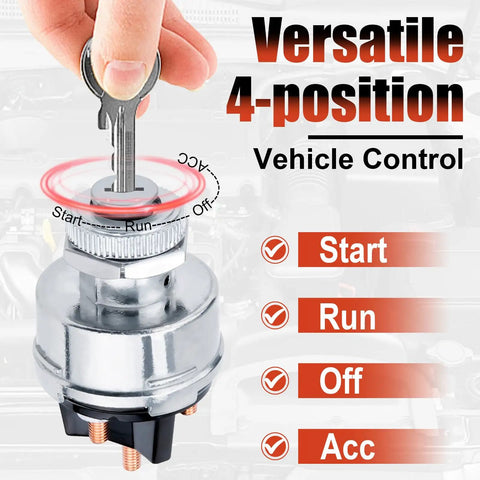 Universal 12V Four Position Ignition Switch With Key controls start, run, off, acc; shows copper contacts and ignition settings.
