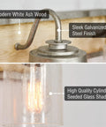 Close-up of 22-Inch 3-Light Farmhouse Vanity Light With Seeded Glass Cylinder Shades, Hand-Painted Wood Grain Metal Finish in White Ash Wood and Galvanized Steel.