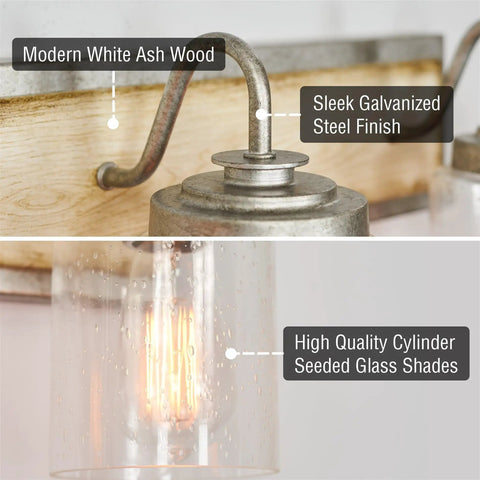 Close-up of 22-Inch 3-Light Farmhouse Vanity Light With Seeded Glass Cylinder Shades, Hand-Painted Wood Grain Metal Finish in White Ash Wood and Galvanized Steel.