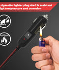 Straight Up 12V Cigarette Lighter Plug With 16 Awg Pure Copper Wire And One Foot Cord featuring a hand holding a lighter next to the plug.