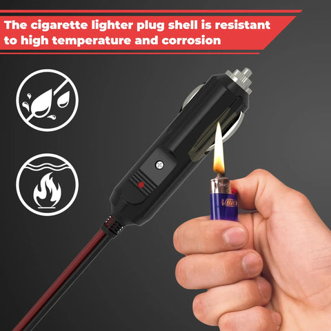 Straight Up 12V Cigarette Lighter Plug With 16 Awg Pure Copper Wire And One Foot Cord featuring a hand holding a lighter next to the plug.