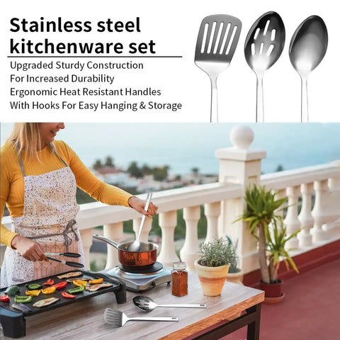 Woman using Outdoor Camping Kitchen Utensil Set 10 Piece Stainless Steel Cooking And Grilling Utensils With Travel Organizer
