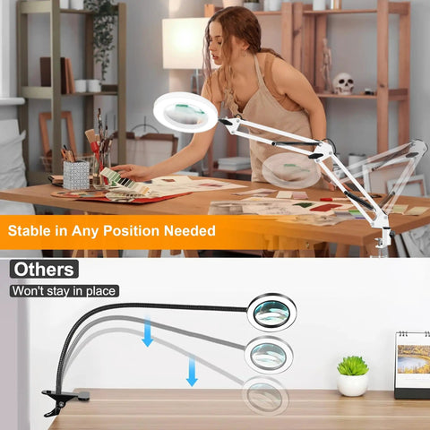 10X Magnifying Glass With Light And Stand Handy Hands Free Desk Lamp Magnifier With Real Glass Lens showing flexible arm