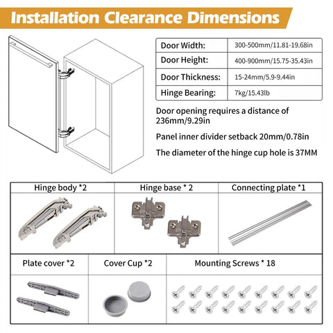 Installation dimensions for No Hassle Heavy Duty 180 Degree Lateral Hinge Set For Cabinets And Wardrobes with hinge specifications.