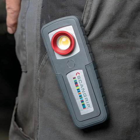 Portable Rechargeable LED Two Color Work Light With High CRI for Pro Grade Color Matching, attached to pocket