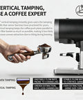Level Up Your Morning Brew Routine With This Dead Nuts Automatic Coffee Tamper For 58mm Portafilters Featuring Precise Digital Pressure Settings And Totally Consistent Ground Compaction, showing a hand holding a portafilter with coffee grounds.